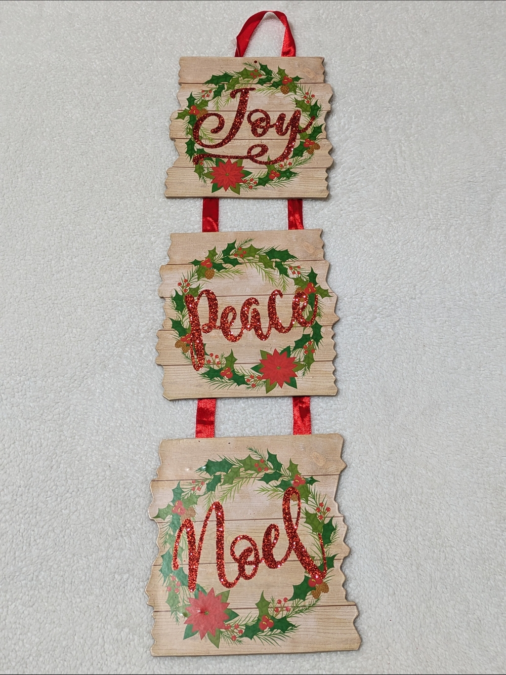 NWT Christmas House Joy Peace Noel 3-Tier Hanging Wood Sign Holiday Door Decor